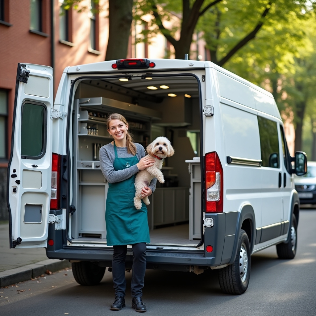 Mobiler Hundefriseur-Van mit Pflegeequipment und Zevexa App auf dem Tablet