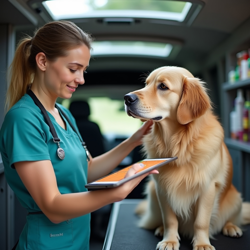Mobiler Hundefriseur bei der Arbeit mit digitalem Tablet und Kundendaten